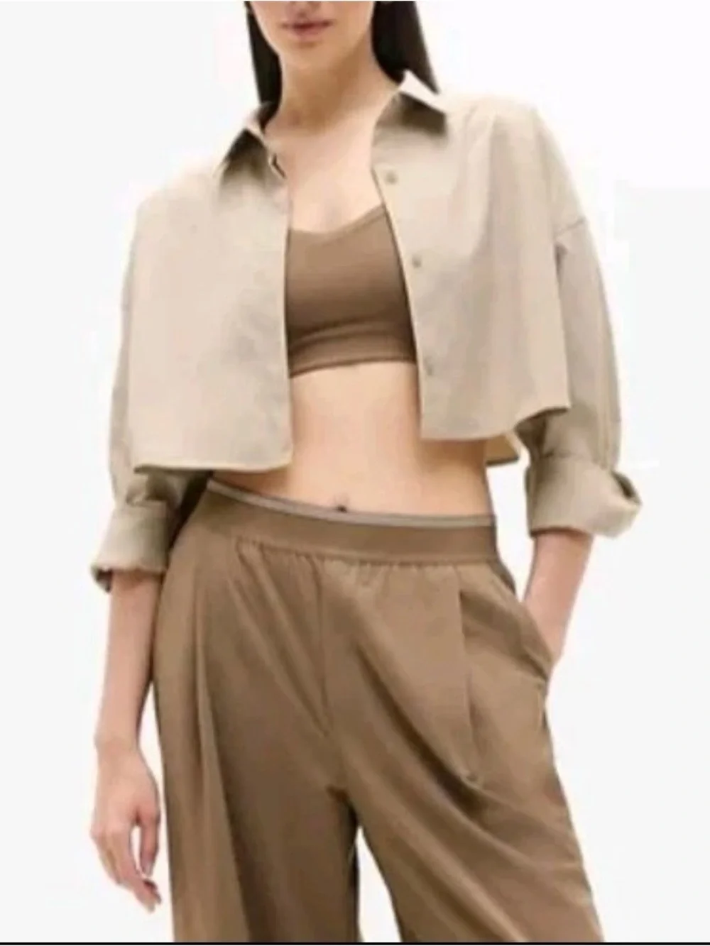 Athleta Midday Ultra Cropped Khaki Button Down Preppy Academia Everyday Boxy - Picture 2 of 9